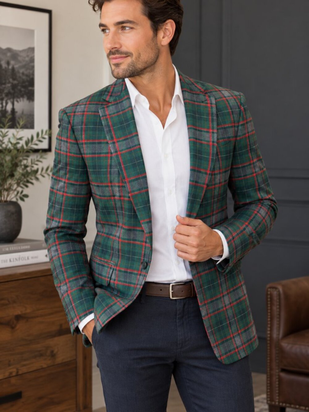 J Ferrar Mens S 34 36 Green Red Tartan Plaid Slim Blazer Preppy Holiday Sport Co